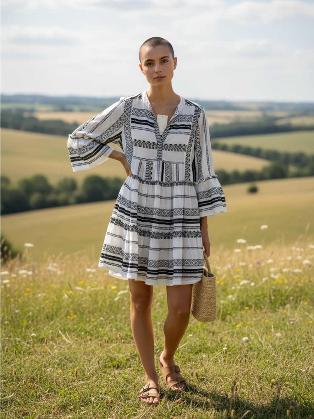 White Mini Dress with Black Pattern